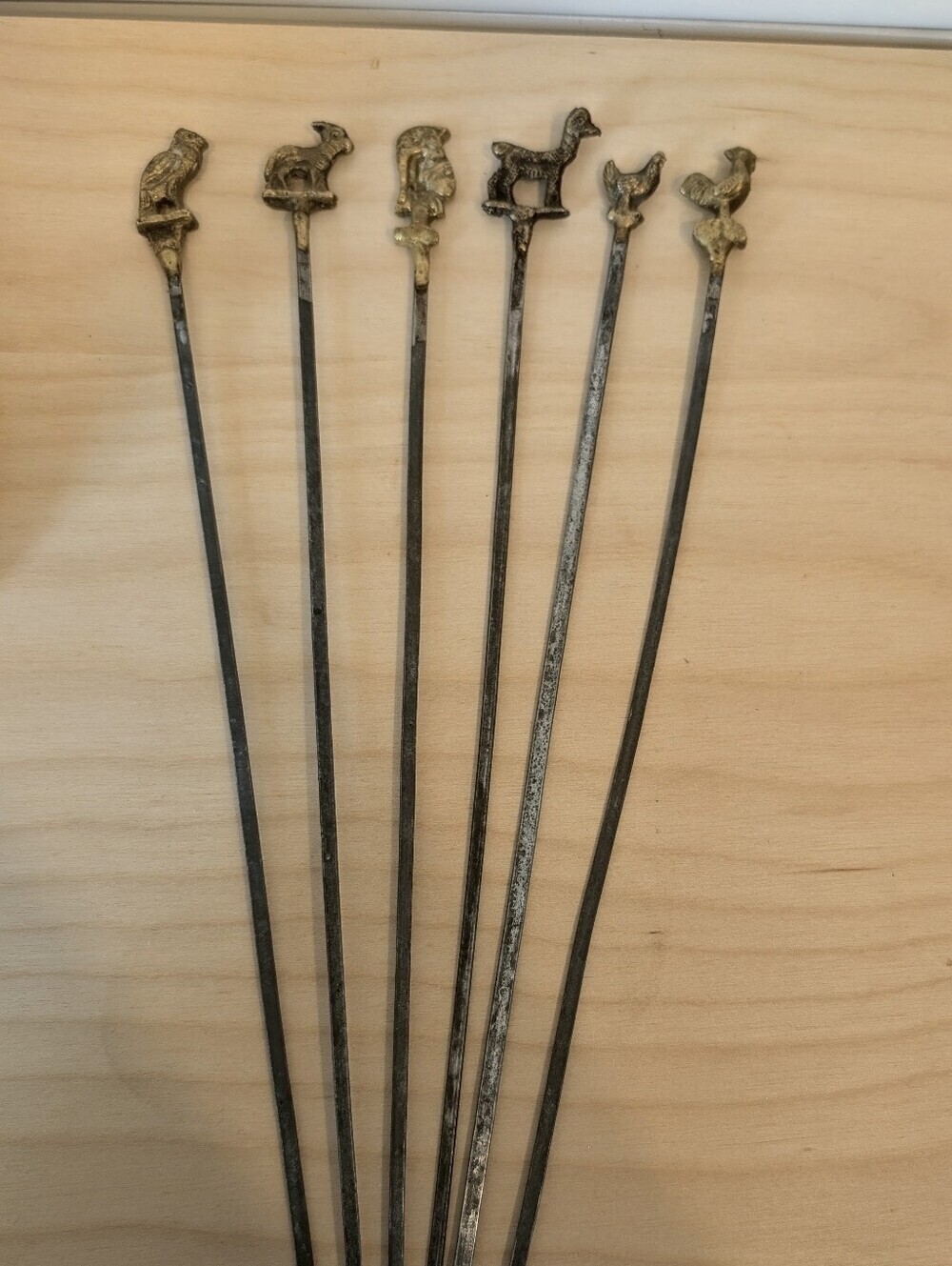 Vintage Brass Animal Kebab Skewers Set of 6 Mid Century Shish BBQ